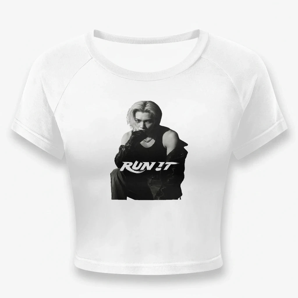 Clothing By Hot Takes Designs white fitted crop top featuring a graphic of Felix from Stray Kids with Run It text