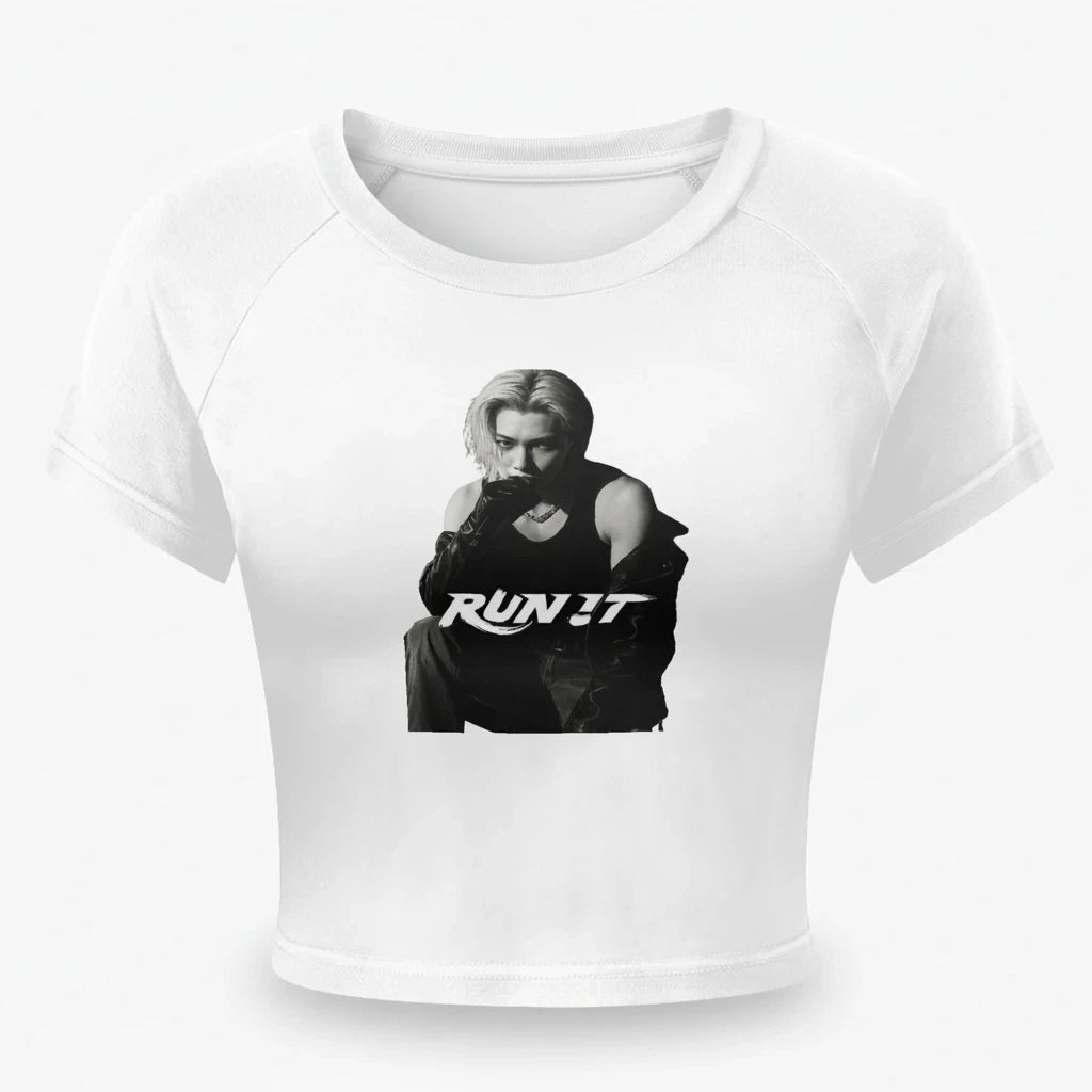Clothing By Hot Takes Designs white fitted crop top featuring a black and white graphic of Felix from Stray Kids Run It