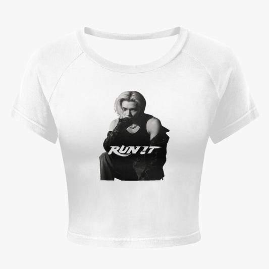 Clothing By Hot Takes Designs white fitted crop top featuring a black and white graphic of Felix from Run It
