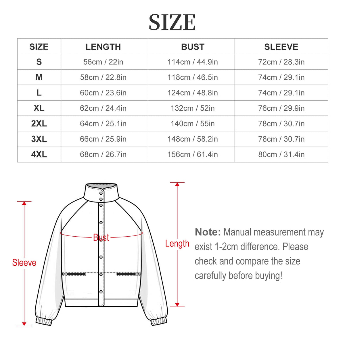 Clothing By Hot Takes Designs fleece jacket size chart with measurements for length, bust, and sleeve in cm and inches.