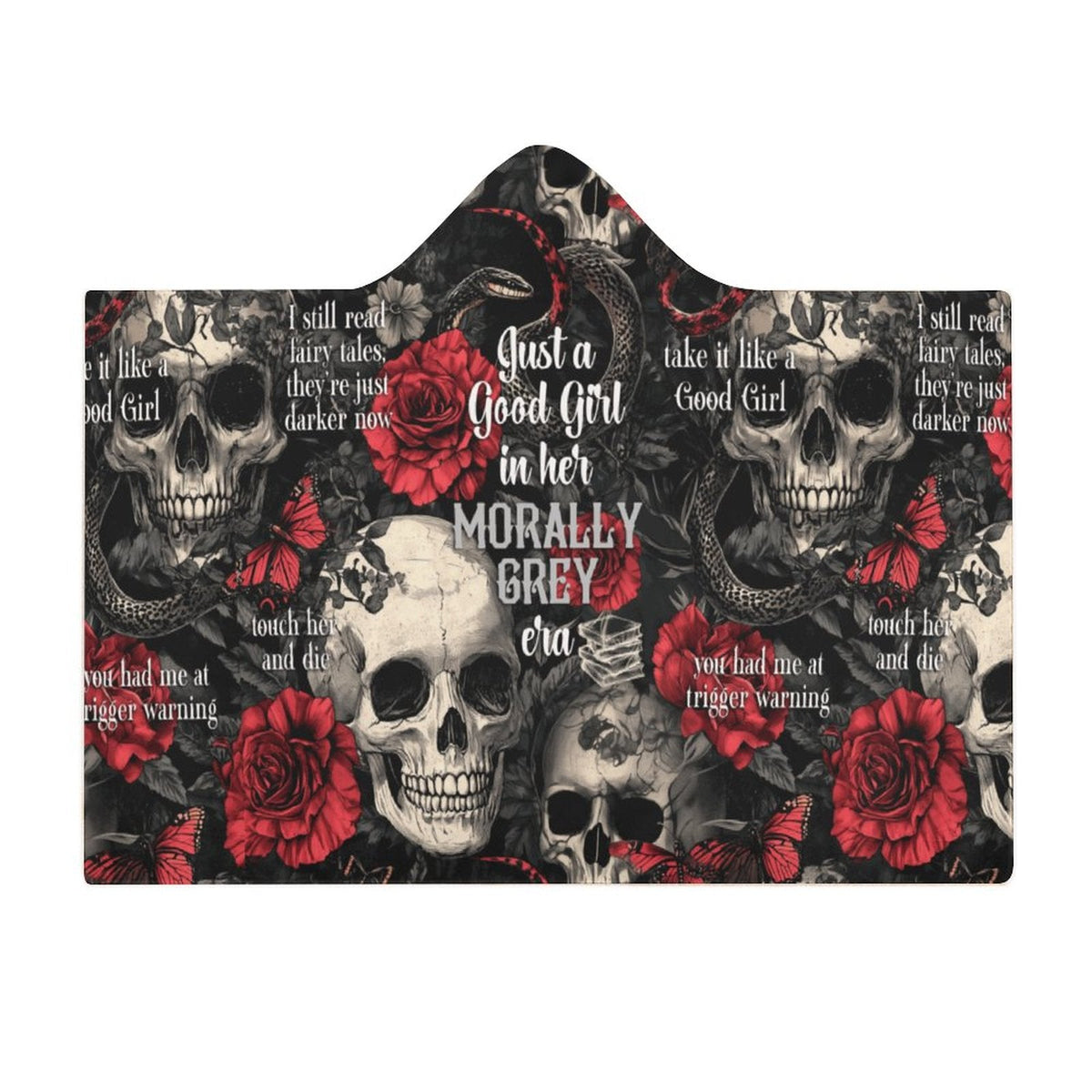 Clothing By Hot Takes Designs hooded blanket featuring a dark gothic print with skulls, red roses, snakes, and text.