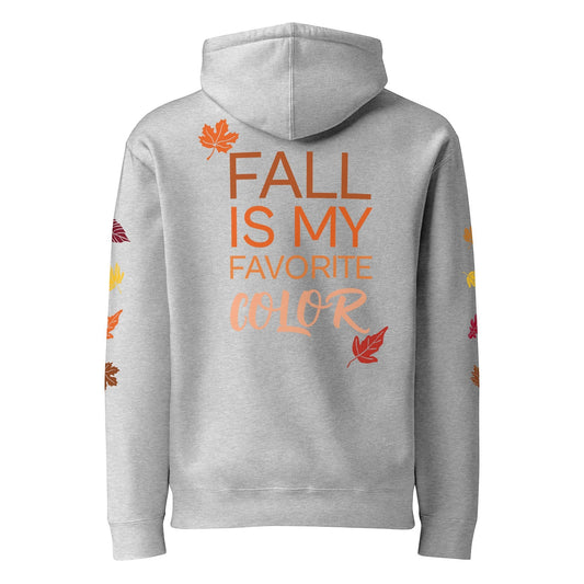 Clothing By Hot Takes Designs grey heavyweight fleece hoodie with Fall Is My Favorite Color text and autumn leaf prints.