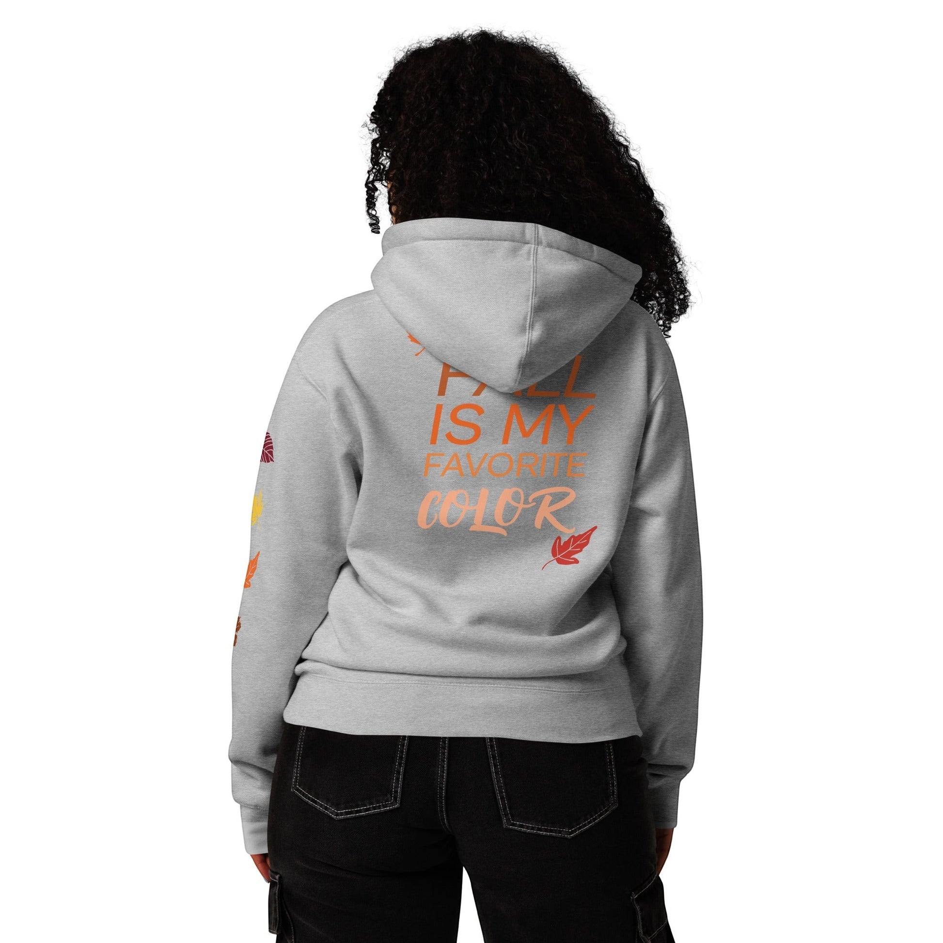 Clothing By Hot Takes Designs grey heavyweight fleece hoodie with fall-themed text and leaf graphics on the back.