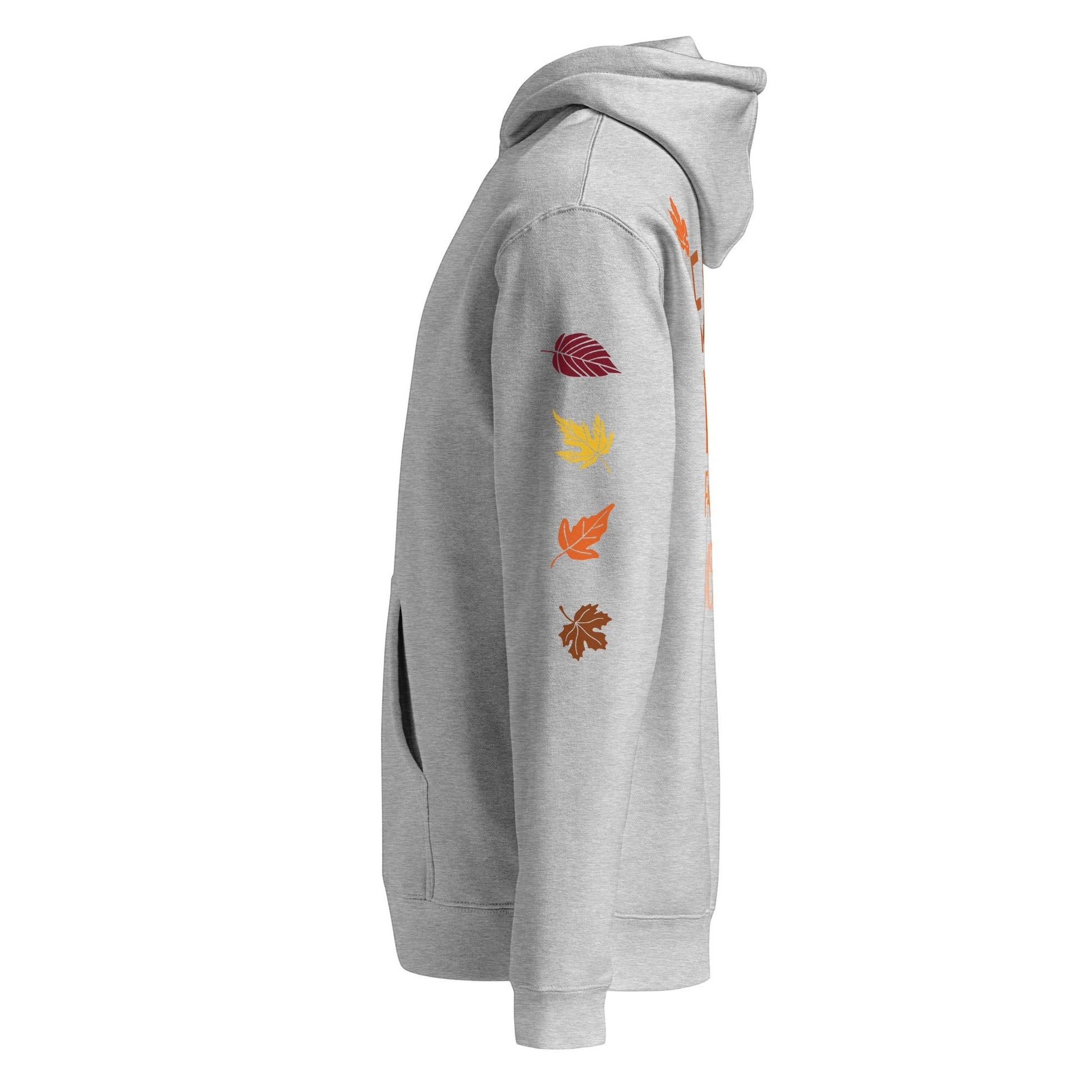 Clothing By Hot Takes Designs grey heavyweight fleece hoodie with autumn leaf graphics on the sleeve, side view
