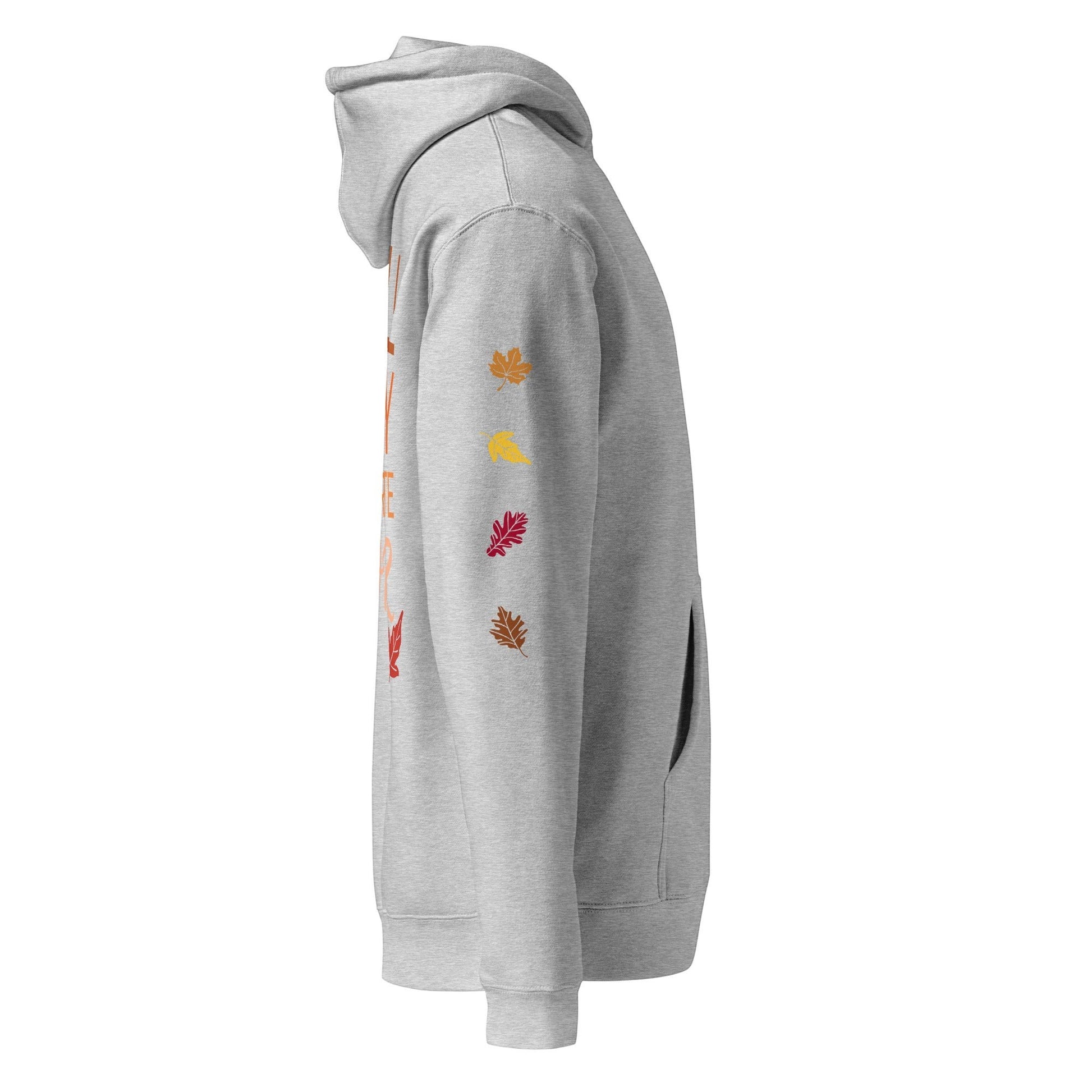 Clothing By Hot Takes Designs grey heavyweight fleece hoodie with fall leaf graphics on the sleeve, side view.