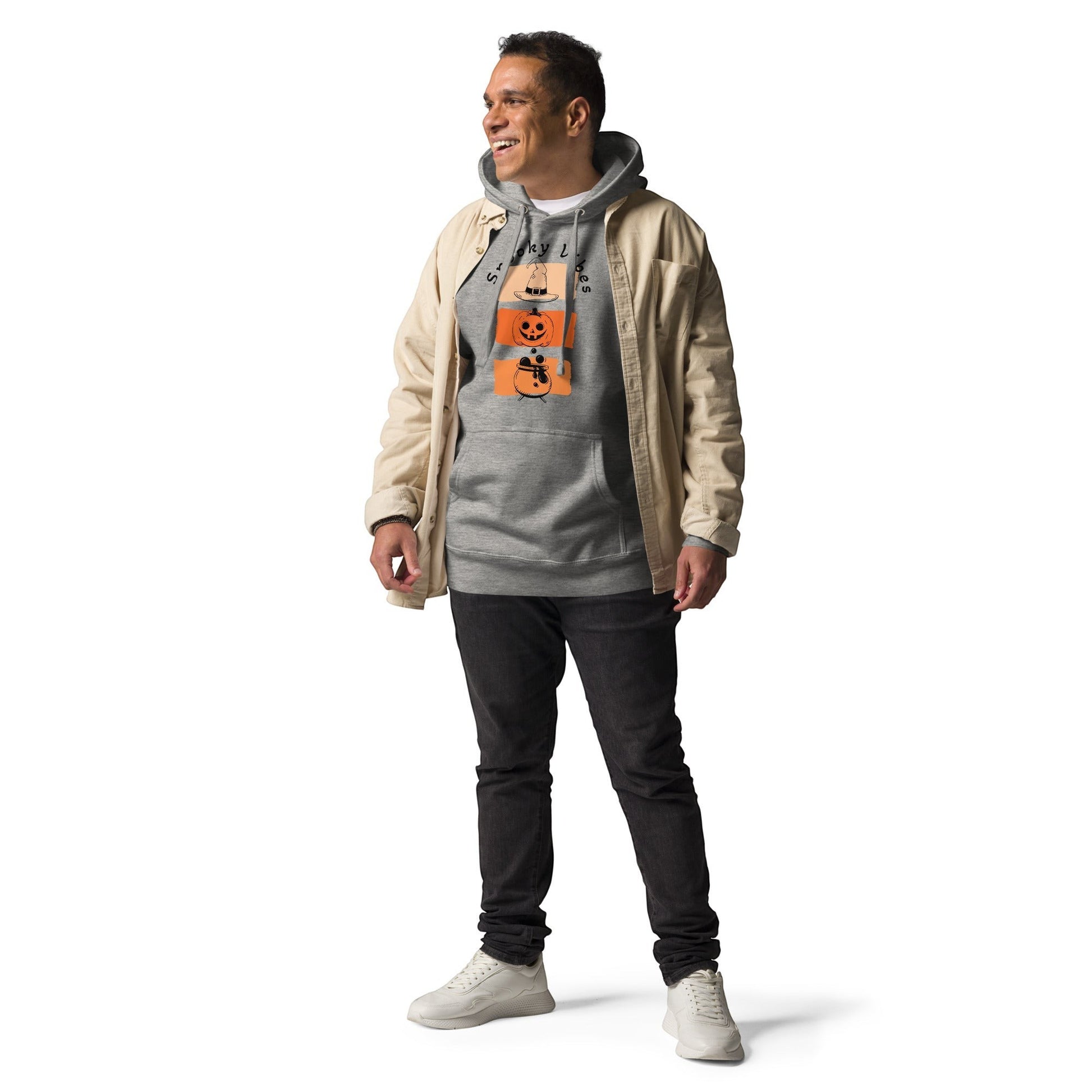 Clothing By Hot Takes Designs grey retro Halloween hoodie with stacked pumpkin graphic worn by a smiling man