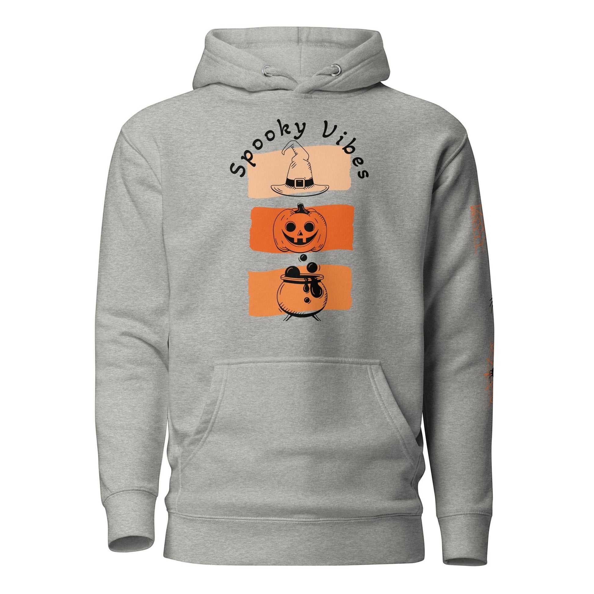 Clothing By Hot Takes Designs grey fleece-lined hoodie featuring a retro Spooky Vibes pumpkin and witch hat graphic.