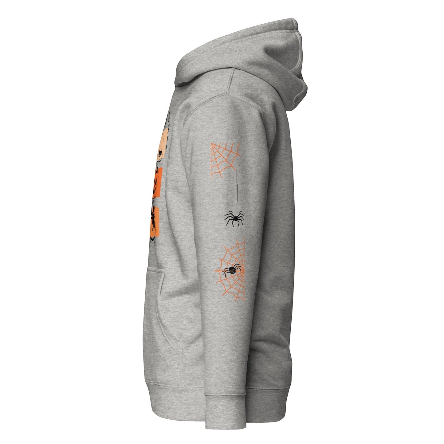 Clothing By Hot Takes Designs grey fleece-lined hoodie with retro pumpkin graphic and spider web sleeve print