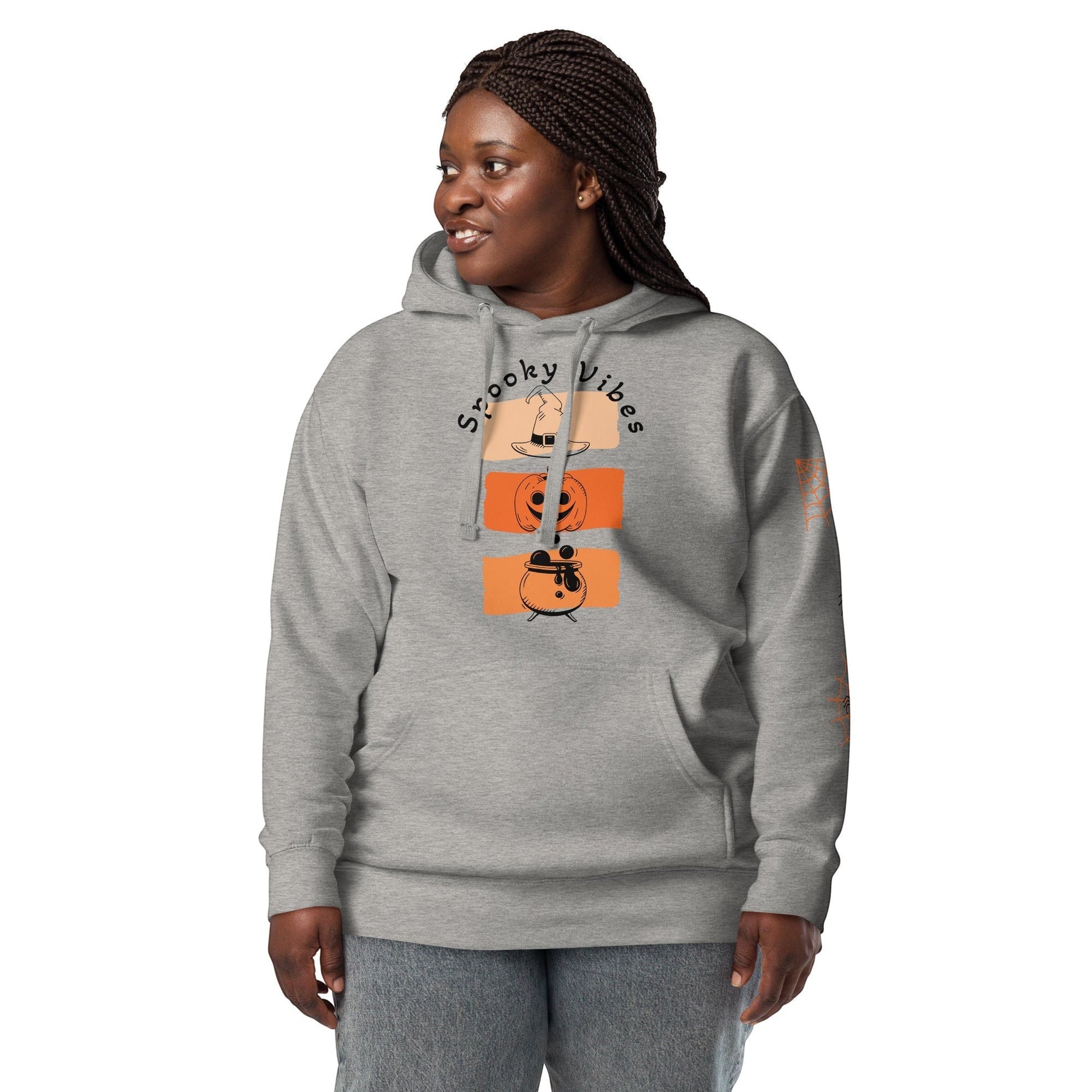 Clothing By Hot Takes Designs grey fleece-lined hoodie with a retro Spooky Vibes pumpkin and cauldron graphic print