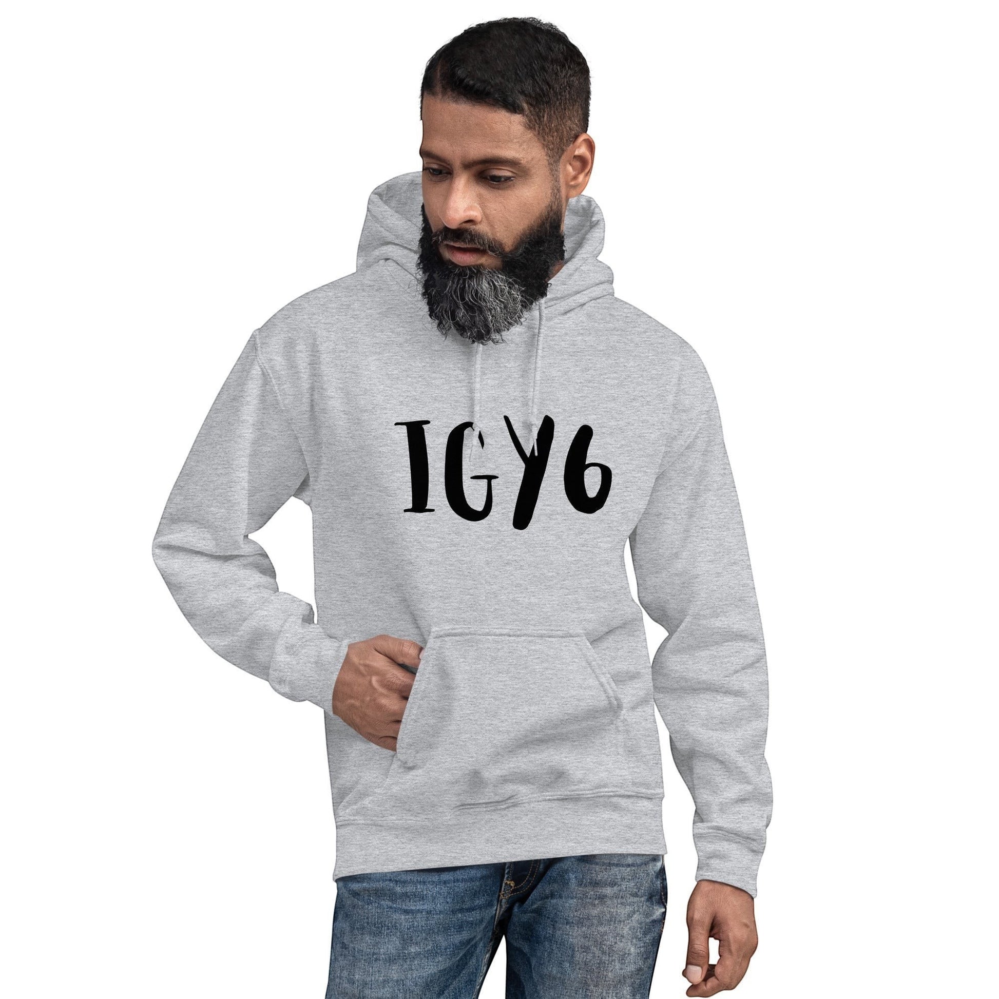 Clothing By Hot Takes Designs grey unisex hoodie with IGY6 print worn by a bearded man with a kangaroo pocket