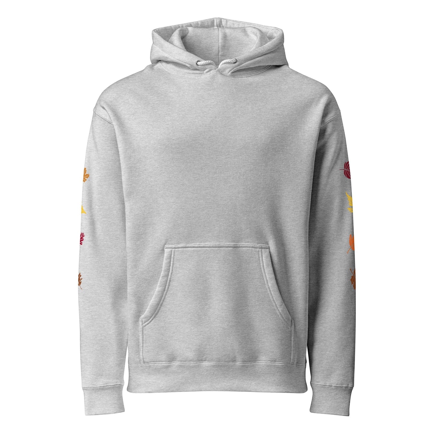 Clothing By Hot Takes Designs grey heavyweight fleece hoodie with autumn leaf graphics printed on the sleeves.