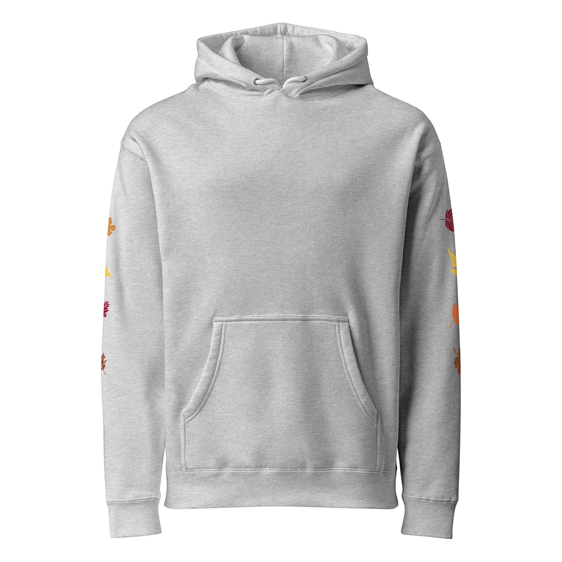 Clothing By Hot Takes Designs grey heavyweight fleece hoodie with autumn leaf graphics printed on the sleeves.