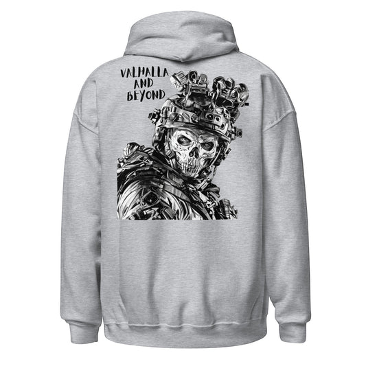 Clothing By Hot Takes Designs grey hoodie featuring a tactical skull graphic with Valhalla and Beyond text on the back