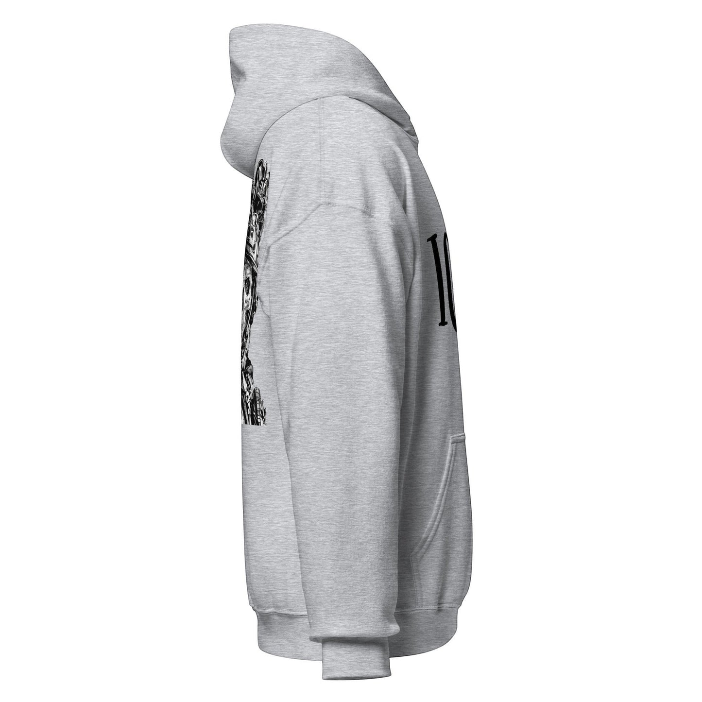 Clothing By Hot Takes Designs grey unisex hoodie with tactical skull graphic on the back, side view.