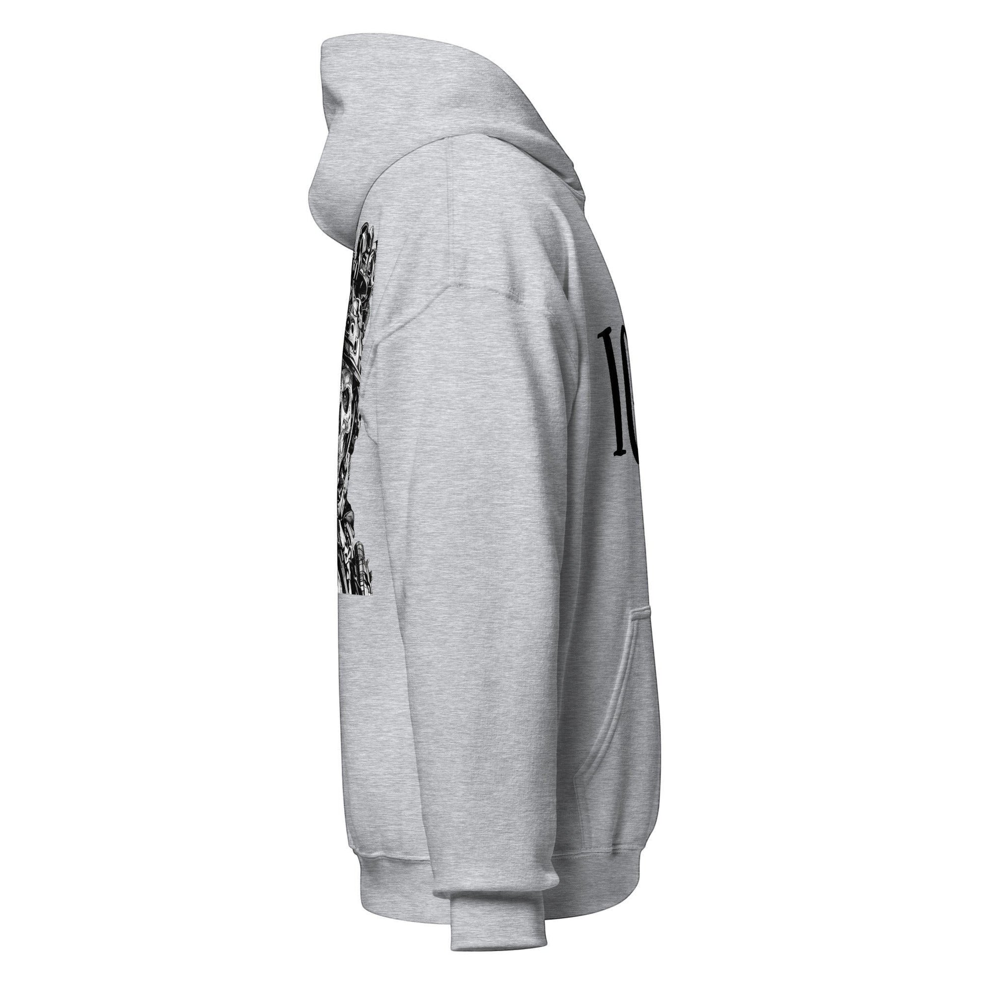 Clothing By Hot Takes Designs grey unisex hoodie with tactical skull graphic on the back, side view.