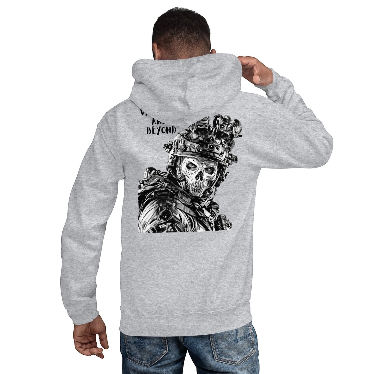 Clothing By Hot Takes Designs grey hoodie with a tactical skull graphic on the back worn by a man from behind