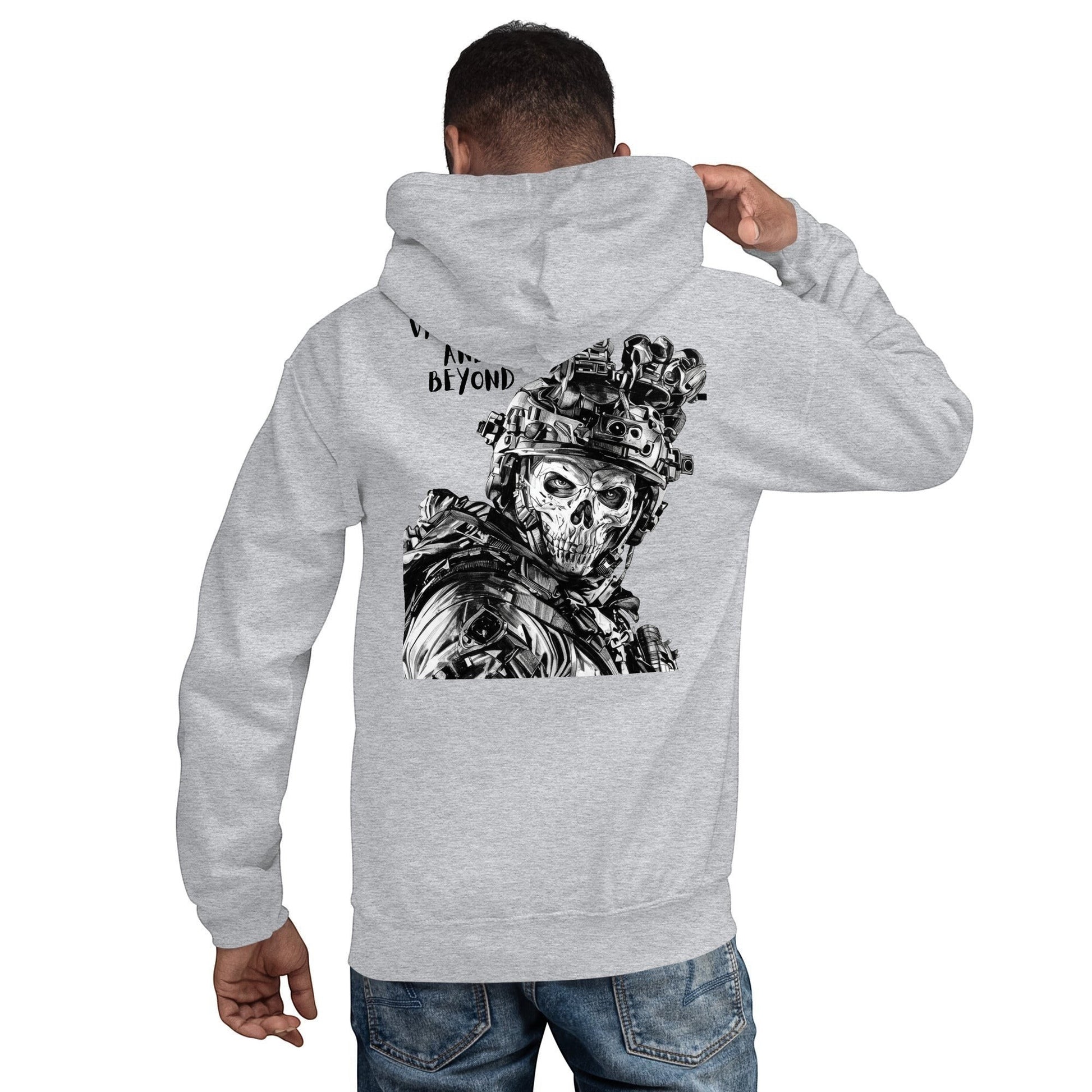 Clothing By Hot Takes Designs grey hoodie with a tactical skull graphic on the back worn by a man from behind