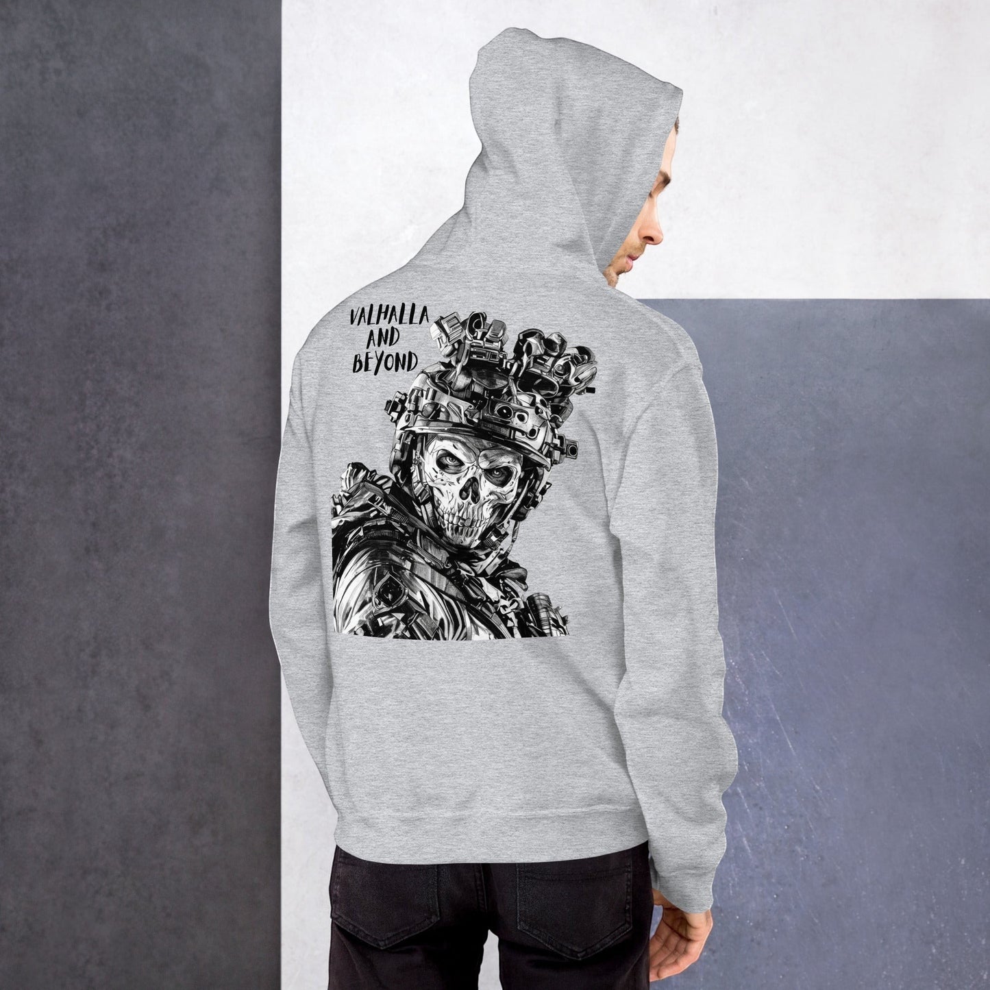 Clothing By Hot Takes Designs grey hoodie featuring a tactical skull graphic with Valhalla and Beyond text on the back