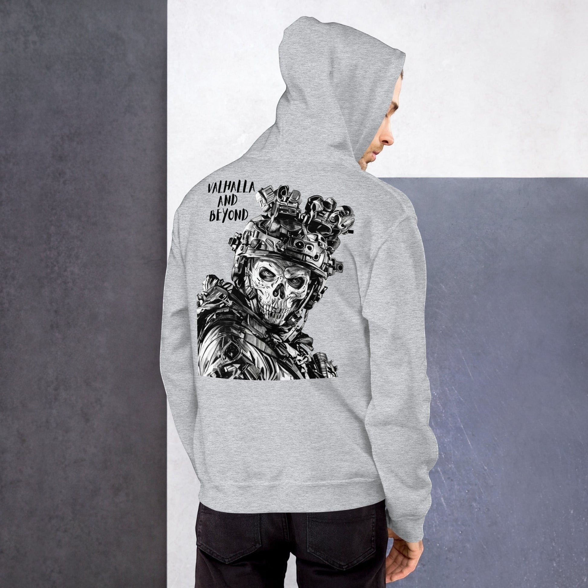 Clothing By Hot Takes Designs grey hoodie featuring a tactical skull graphic with Valhalla and Beyond text on the back