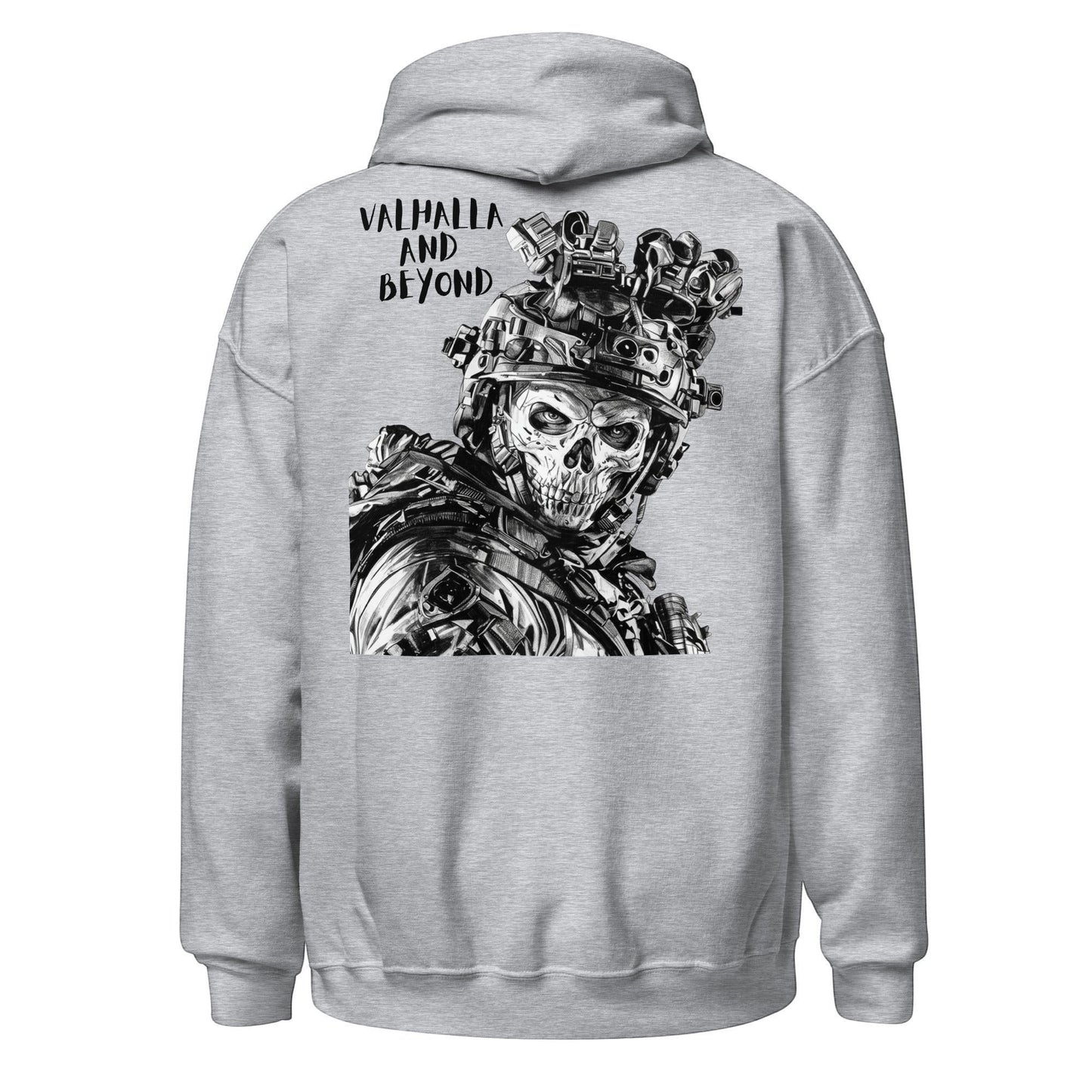 Clothing By Hot Takes Designs grey unisex hoodie featuring a tactical skull graphic with Valhalla and Beyond text.