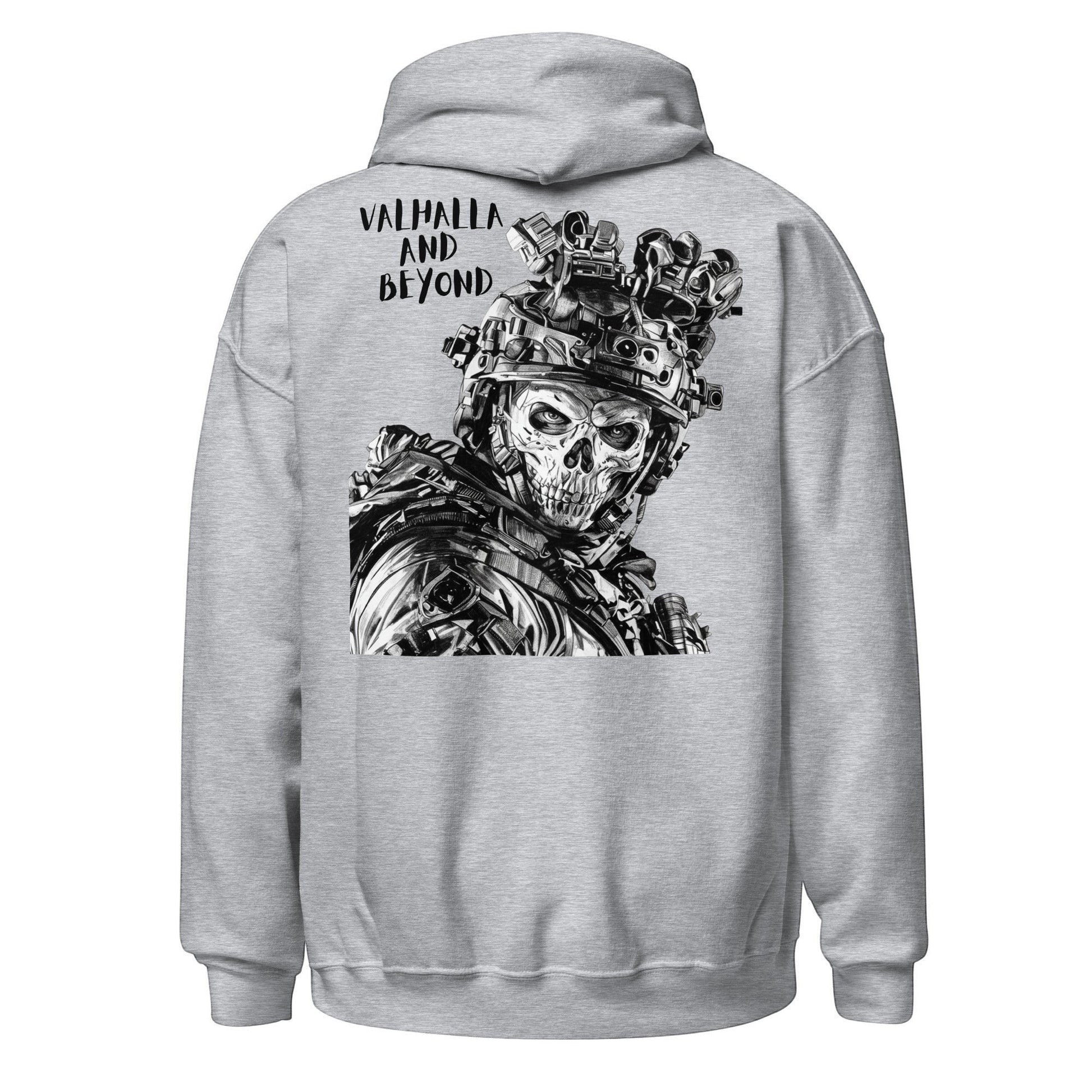 Clothing By Hot Takes Designs grey unisex hoodie featuring a tactical skull graphic with Valhalla and Beyond text.