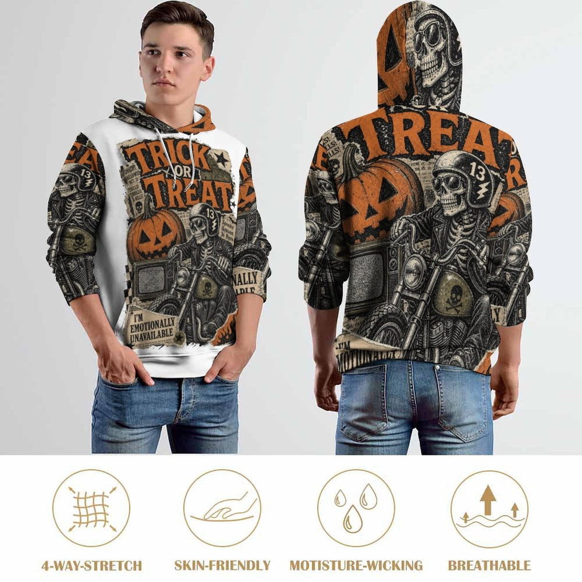 Clothing By Hot Takes Designs Halloween hoodie with skull and pumpkin graphic print on a man, front and back view.