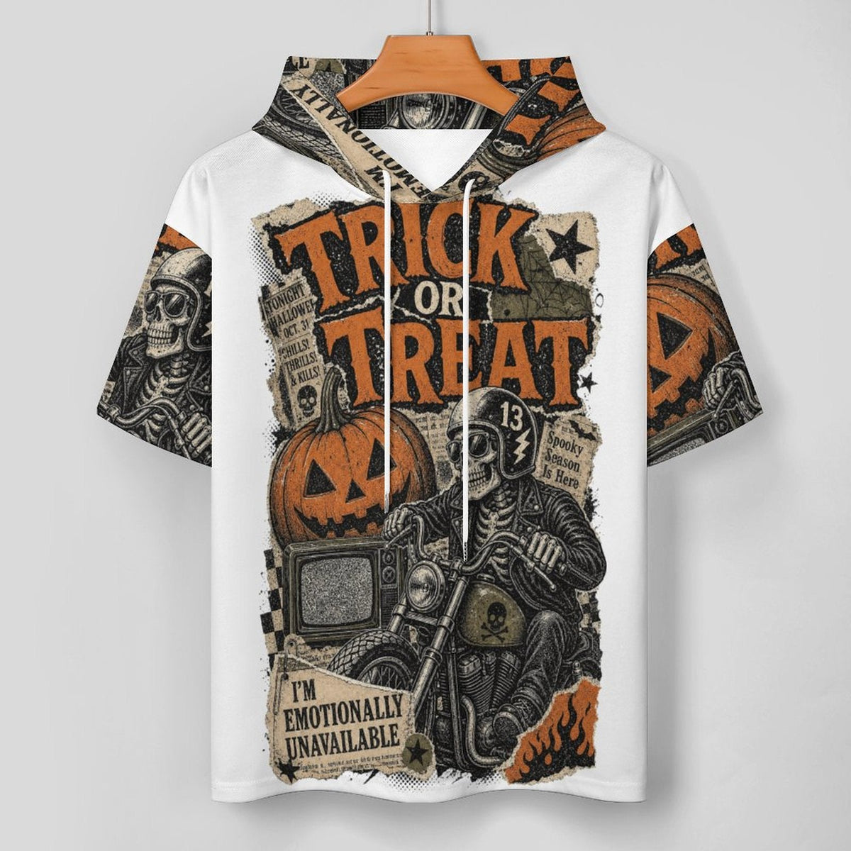 Clothing By Hot Takes Designs short-sleeve hoodie with Trick or Treat and skeleton motorcycle graphic print
