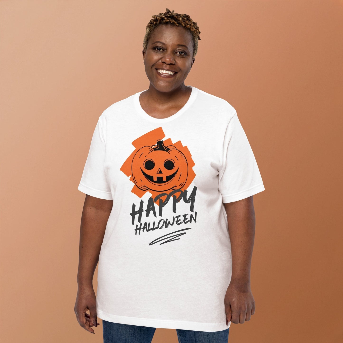 Clothing By Hot Takes Designs white cotton t-shirt featuring a retro distressed jack-o'-lantern graphic for Halloween.