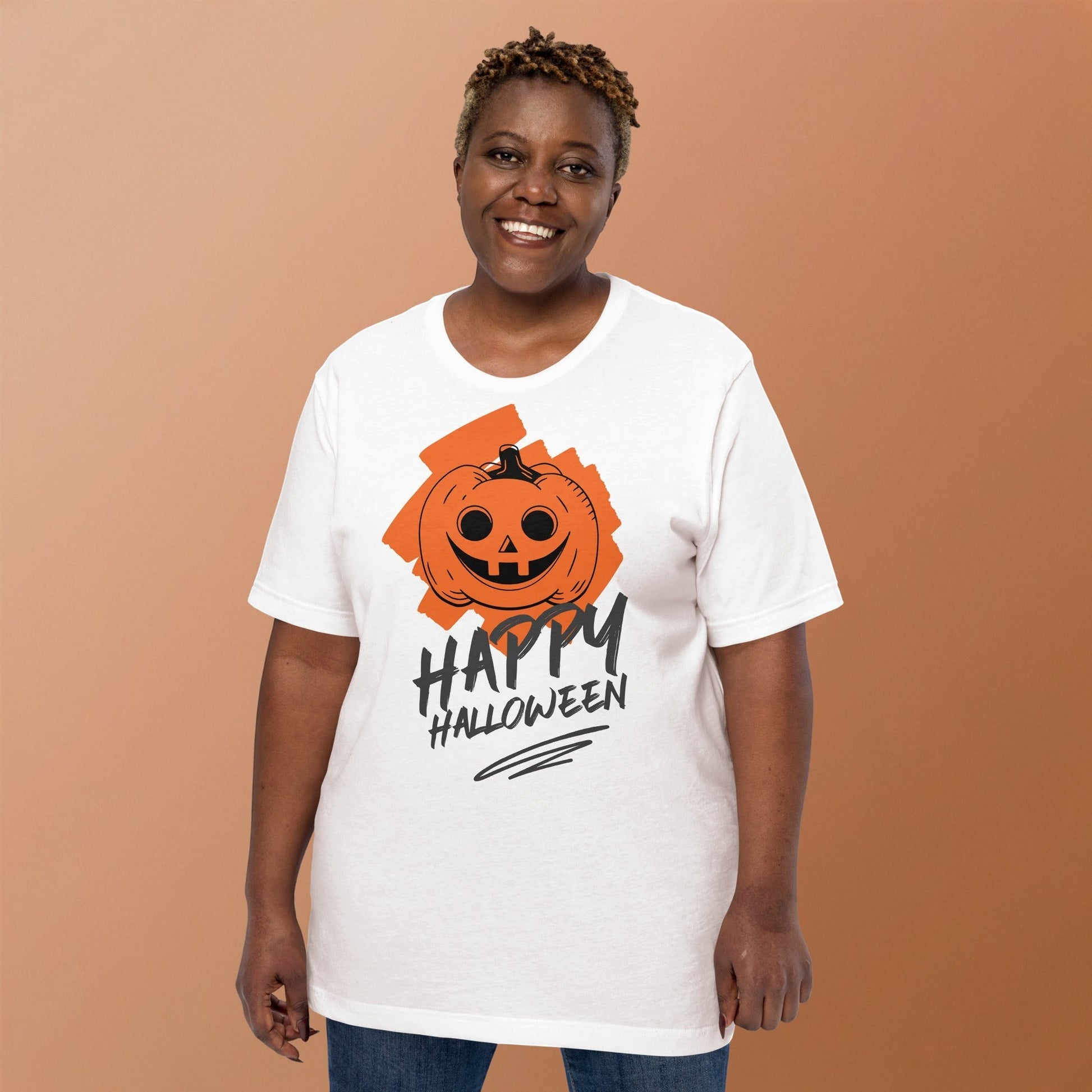 Clothing By Hot Takes Designs white cotton t-shirt featuring a retro distressed jack-o'-lantern graphic for Halloween.