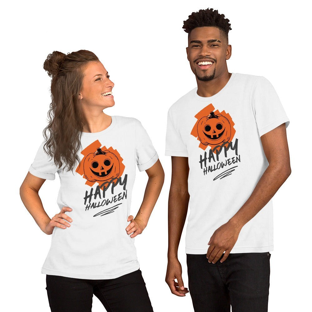 Clothing By Hot Takes Designs white unisex t-shirts featuring a retro distressed jack-o'-lantern Happy Halloween graphic