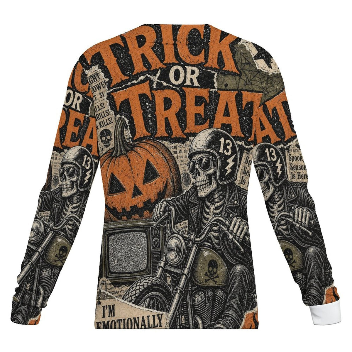 Clothing By Hot Takes Designs Halloween V-neck tee with Trick or Treat and skeleton biker graphic on ice silk fabric.