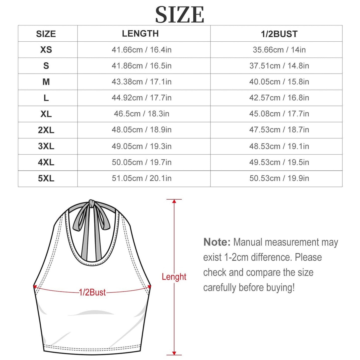 Clothing By Hot Takes Designs size chart diagram for a halter tie crop top showing length and half-bust measurements.
