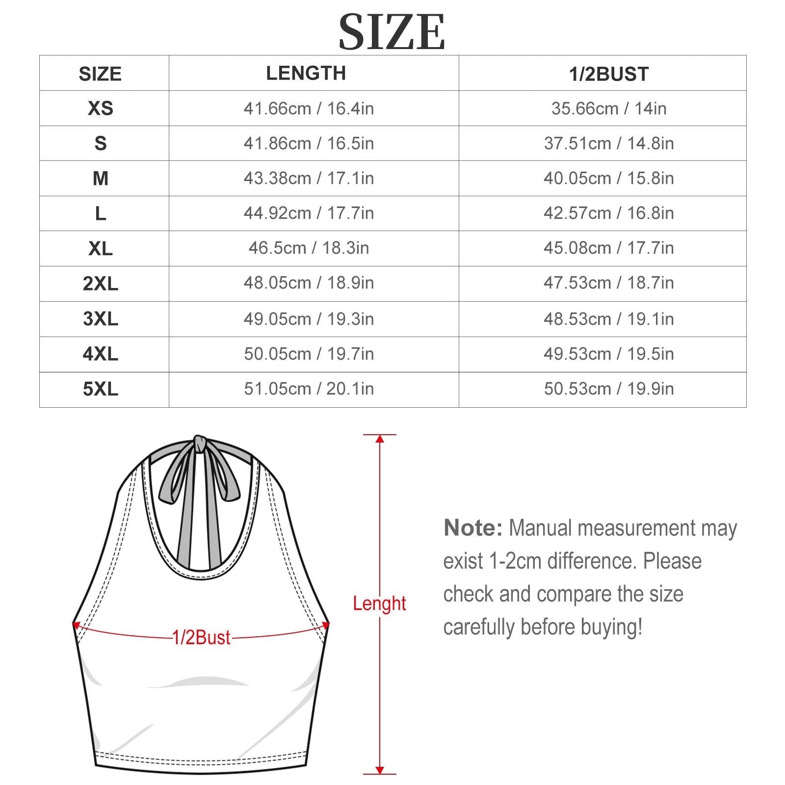 Clothing By Hot Takes Designs size chart diagram for a halter tie crop top showing length and half-bust measurements.