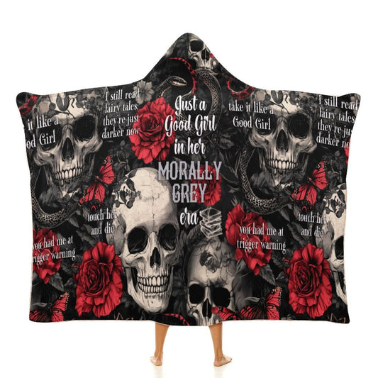 Clothing By Hot Takes Designs hooded blanket featuring a dark gothic print with skulls, red roses, and book quotes.