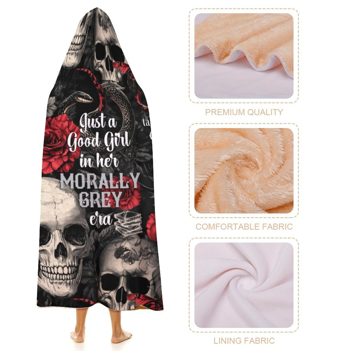 Clothing By Hot Takes Designs hooded blanket featuring skull and rose print with Morally Grey era text and plush lining.