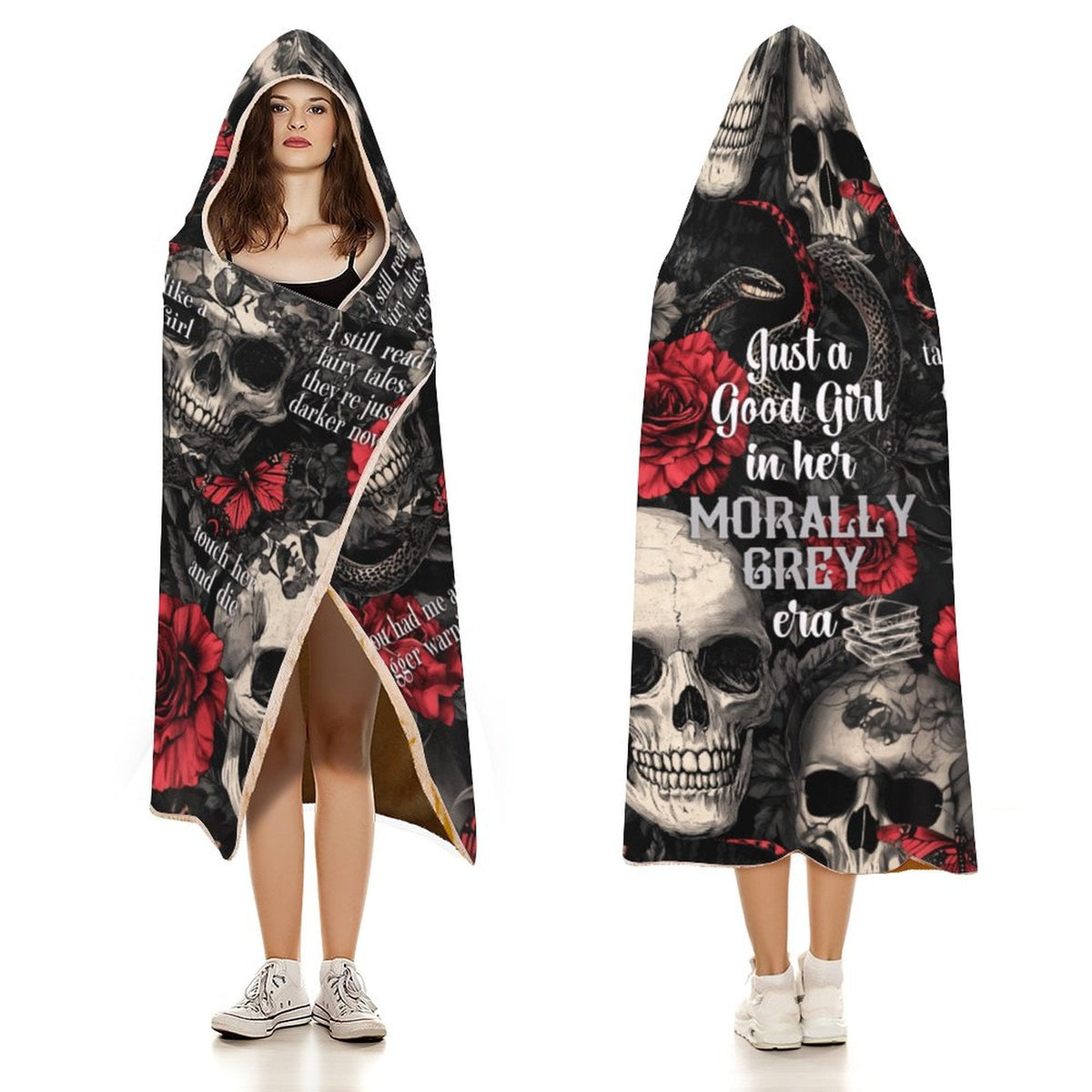 Clothing By Hot Takes Designs hooded blanket featuring skull, rose, and snake print with Morally Grey era text