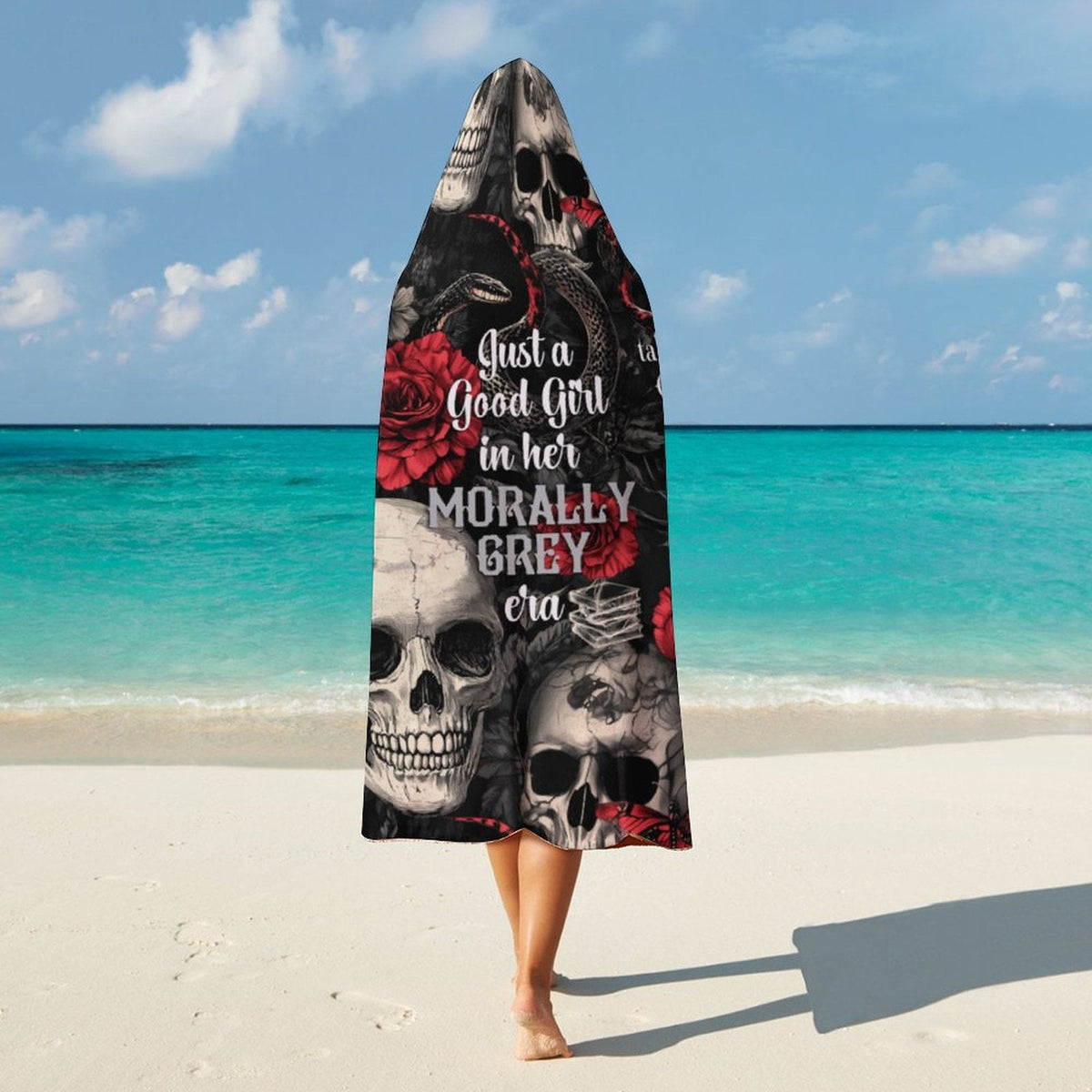 Clothing By Hot Takes Designs hooded blanket with skull, rose, and snake print featuring Morally Grey era text.