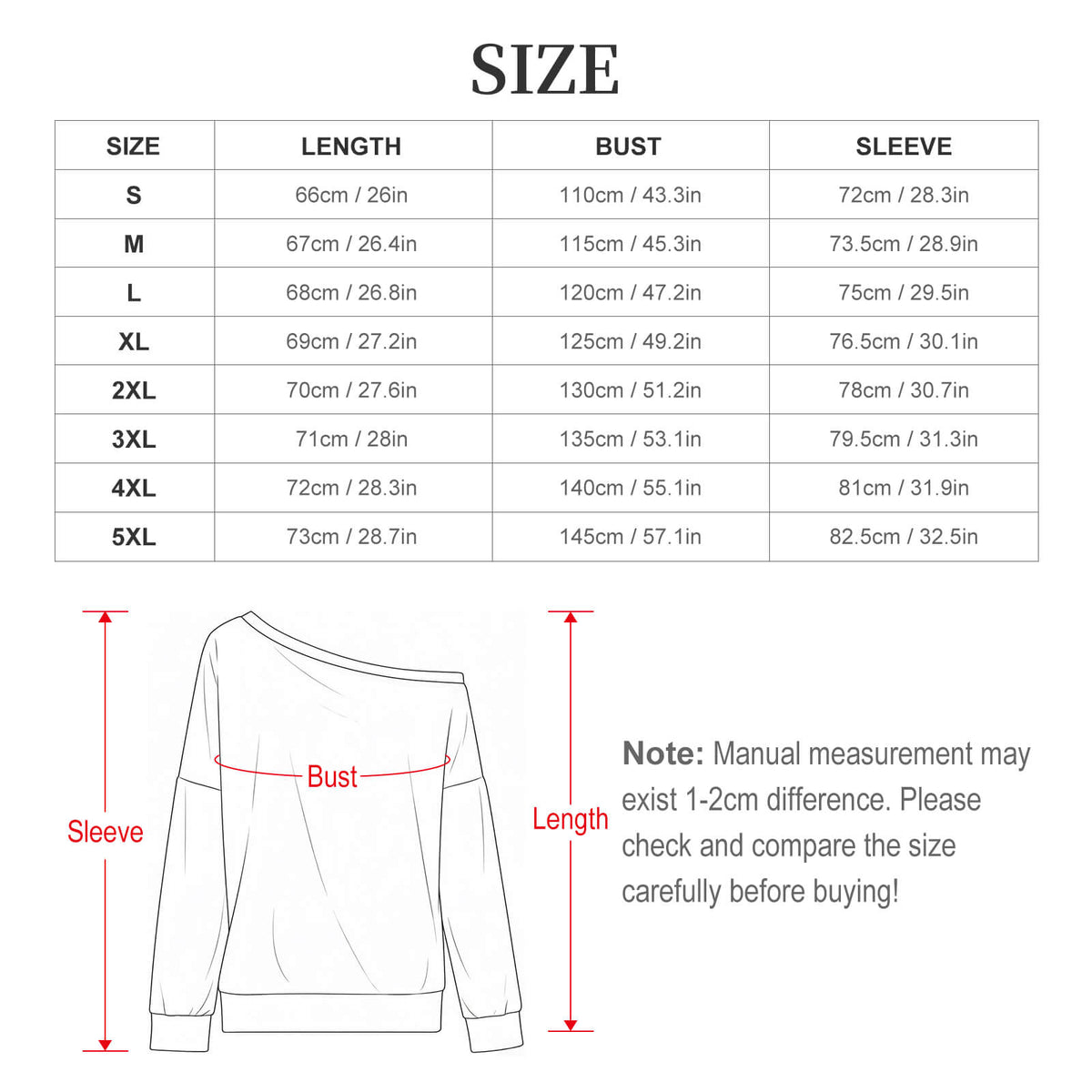 Clothing By Hot Takes Designs off-shoulder hoodie size chart with measurements for bust, length, and sleeve length.