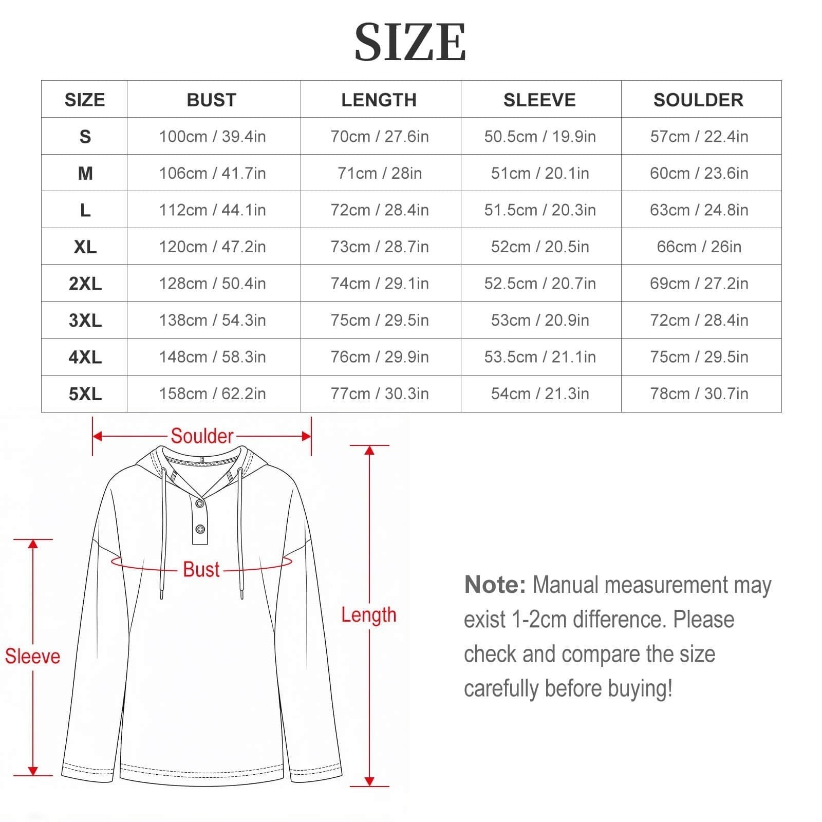 Clothing By Hot Takes Designs size chart for V-neck button-up hoodie showing bust, length, sleeve, and shoulder measurements.