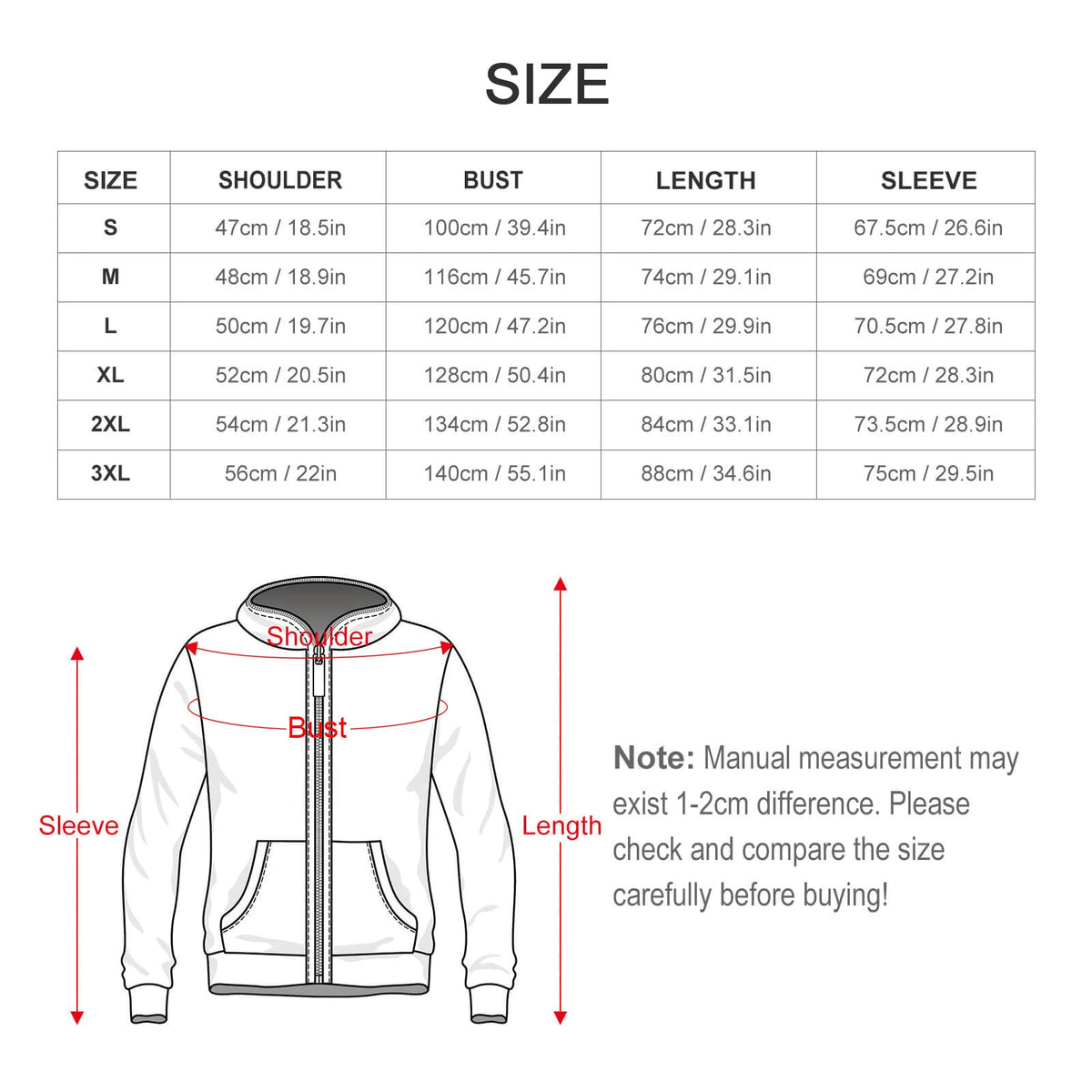 Clothing By Hot Takes Designs size chart diagram for a men's full-zip hoodie showing shoulder, bust, length, and sleeve