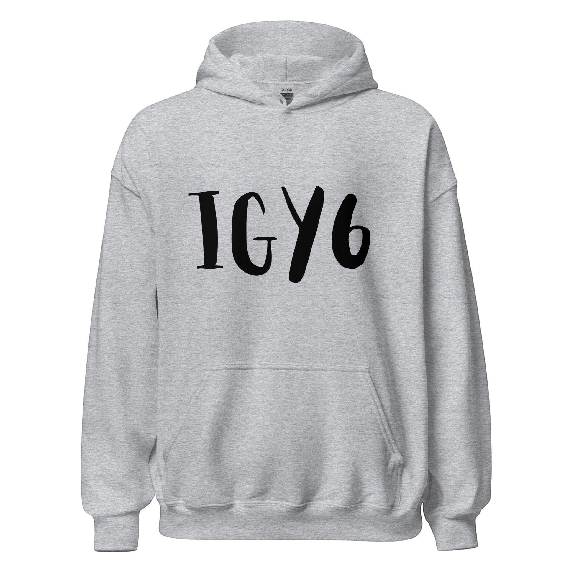 Clothing By Hot Takes Designs grey unisex heavy blend hoodie featuring black IGY6 text on the front chest