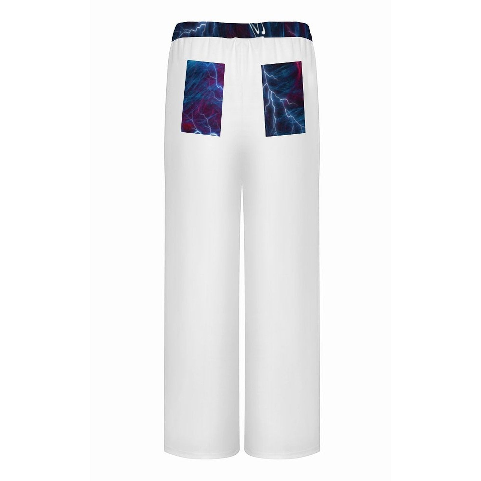 Clothing By Hot Takes Designs white wide-leg pants with lightning print pockets and waistband, back view.