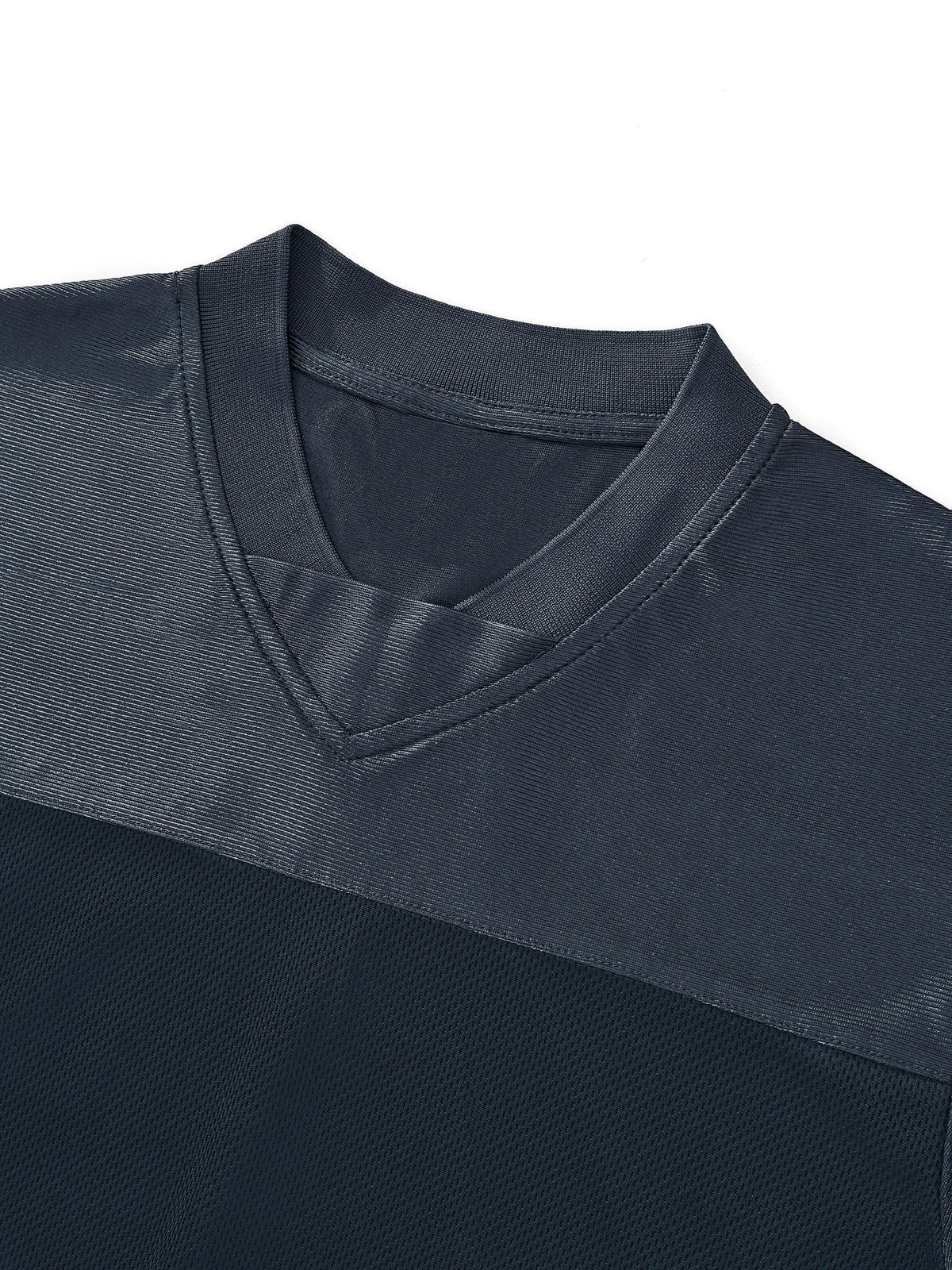 Clothing By Hot Takes Designs dark navy blue V-neck cropped jersey with textured patchwork panels and sporty aesthetic