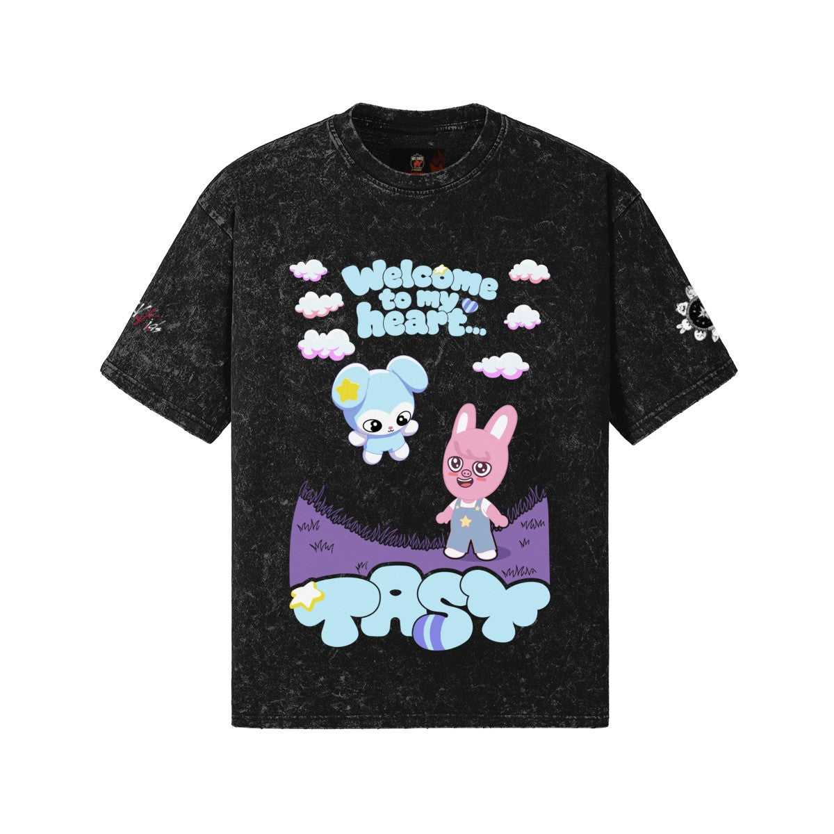 Clothing By Hot Takes Designs oversized black vintage wash cotton tee with Stray Kids Dwaekki graphic print