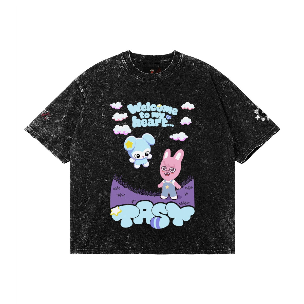 Clothing By Hot Takes Designs oversized black vintage washed cotton tee with Stray Kids Dwaekki graphic print