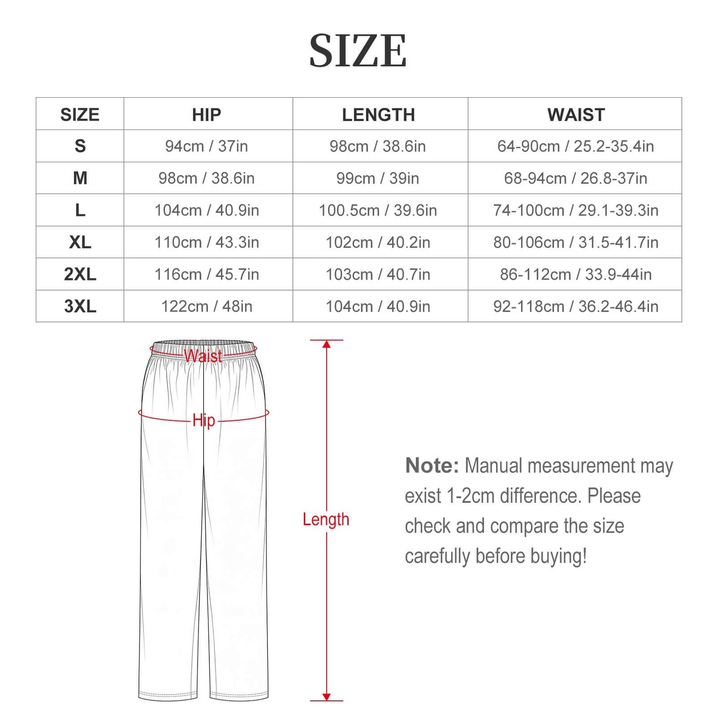 Clothing By Hot Takes Designs size chart for pajama pants showing hip, length, and waist measurements in cm and inches.