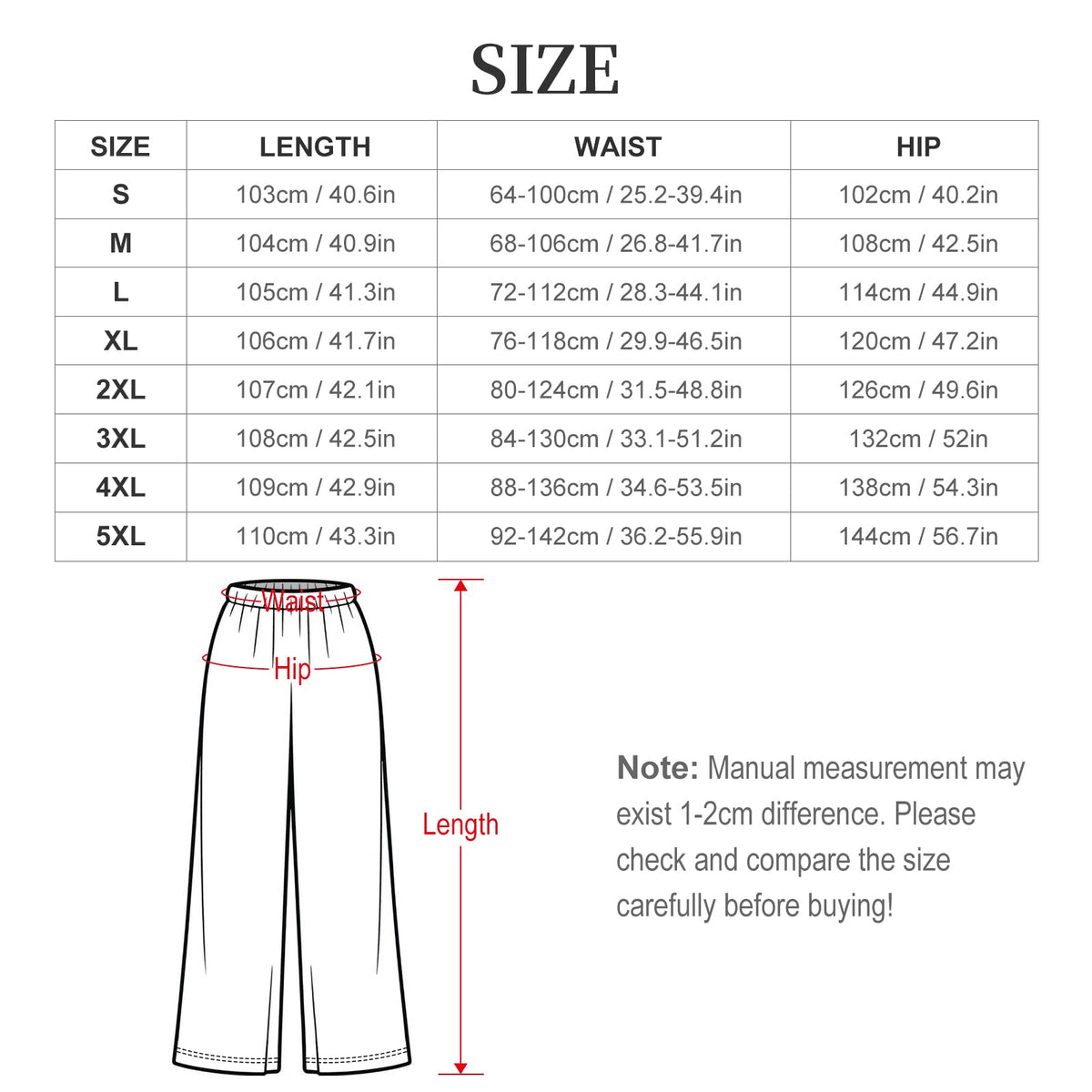 Clothing By Hot Takes Designs size chart for pajama pants showing waist, hip, and length measurements in cm and inches.