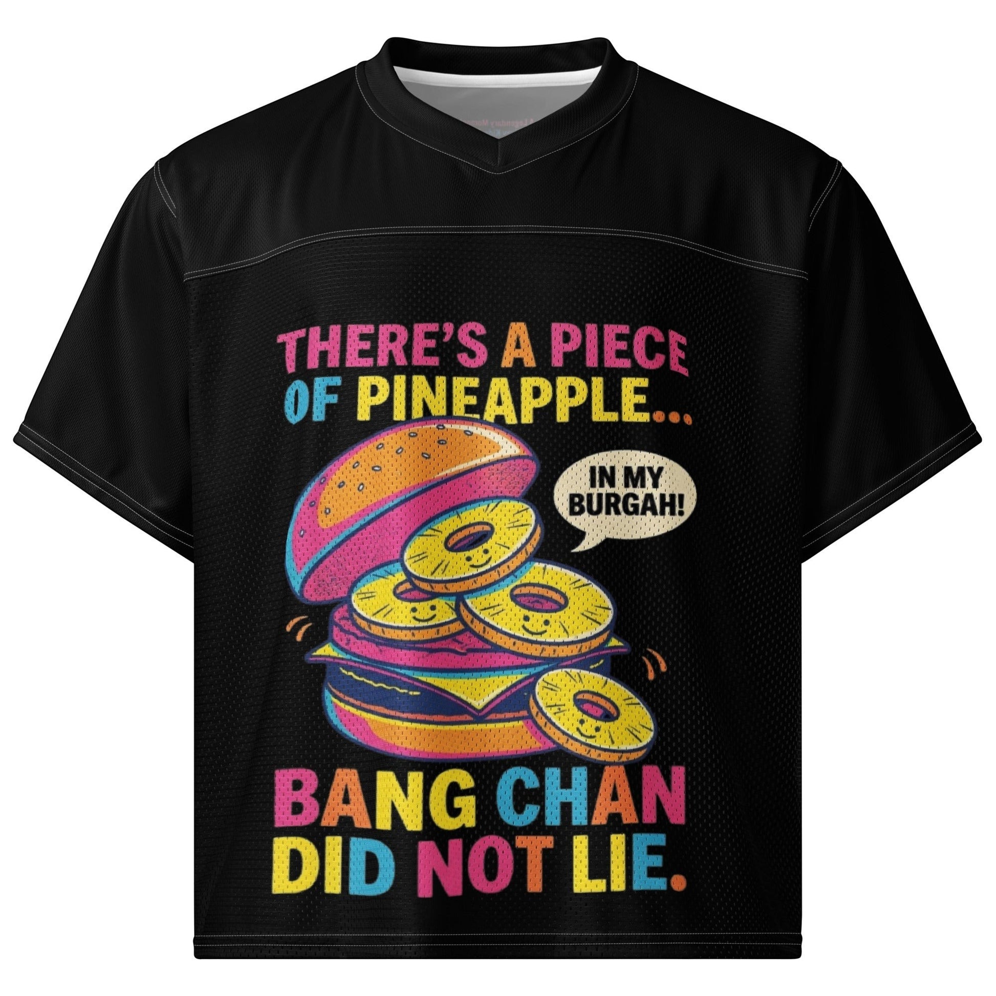 Clothing By Hot Takes Designs black boxy football jersey with a vibrant pineapple burger graphic and meme text.