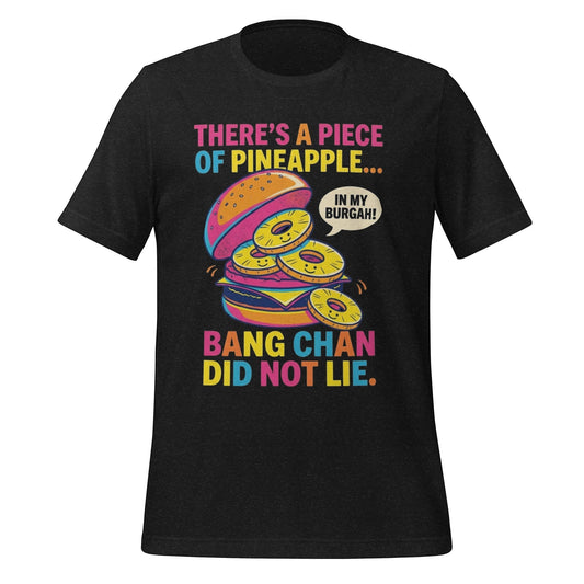 Clothing By Hot Takes Designs black heather unisex t-shirt featuring a retro pineapple burger graphic for Stray Kids fans