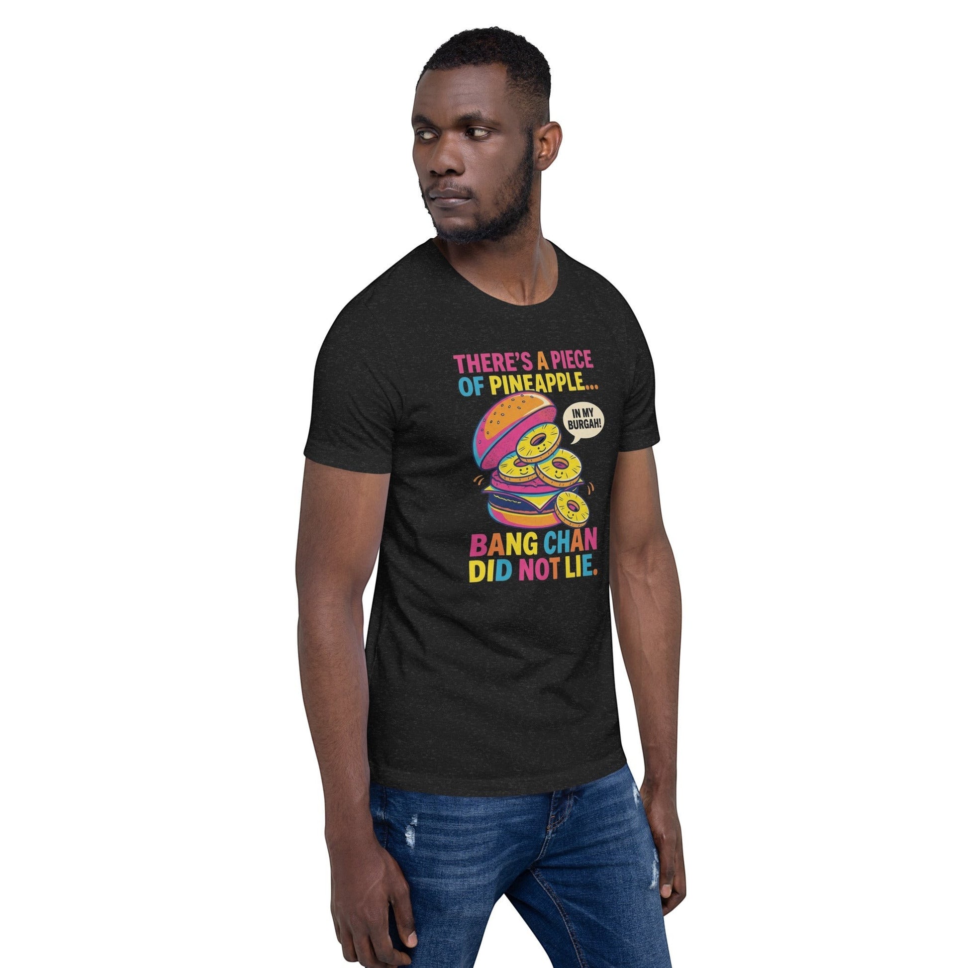 Clothing By Hot Takes Designs unisex black heather graphic t-shirt featuring a pineapple burger Stray Kids meme print